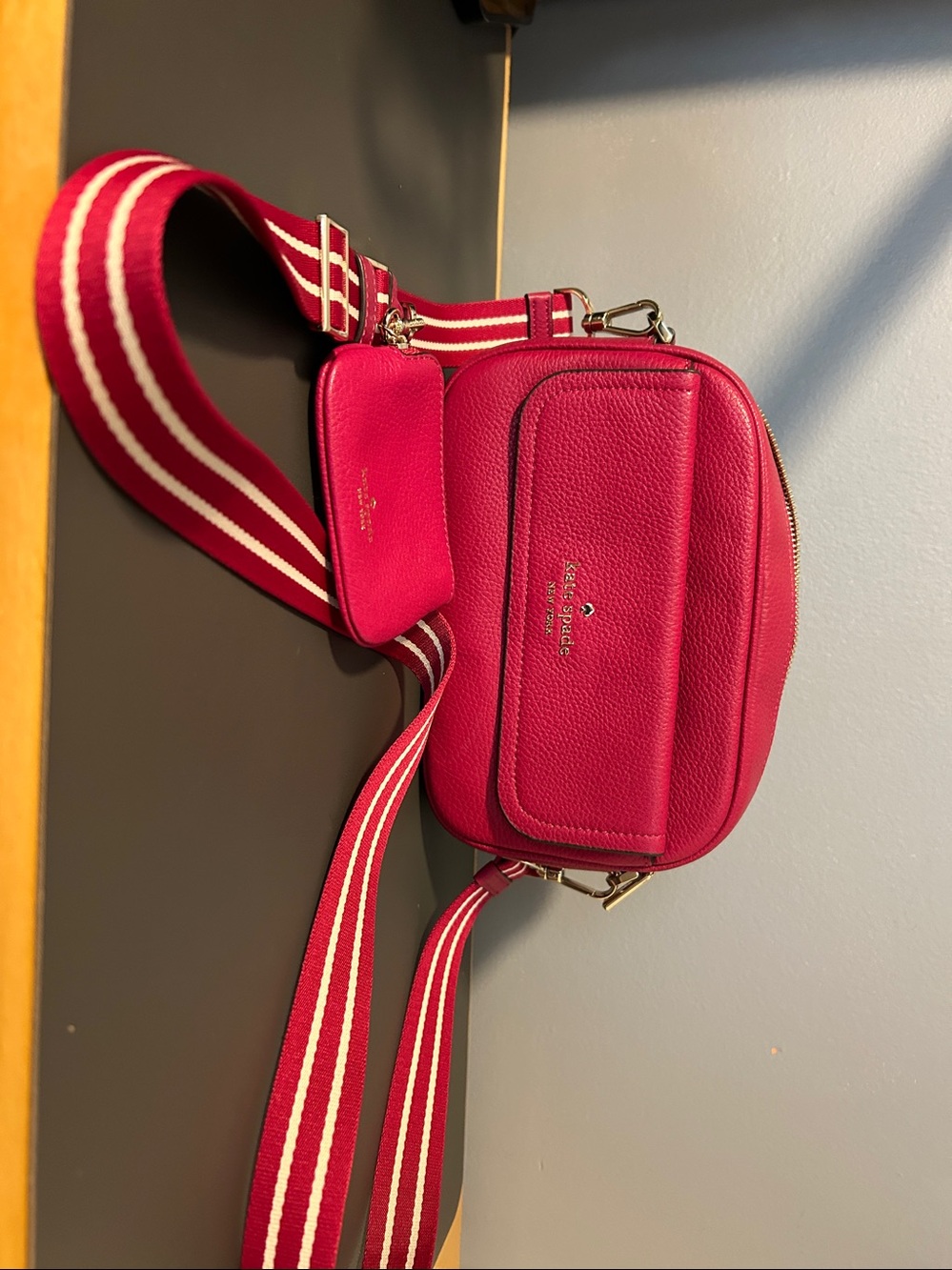 kate spade Raspberry Pebbled Leather Crossbody with Striped Strap